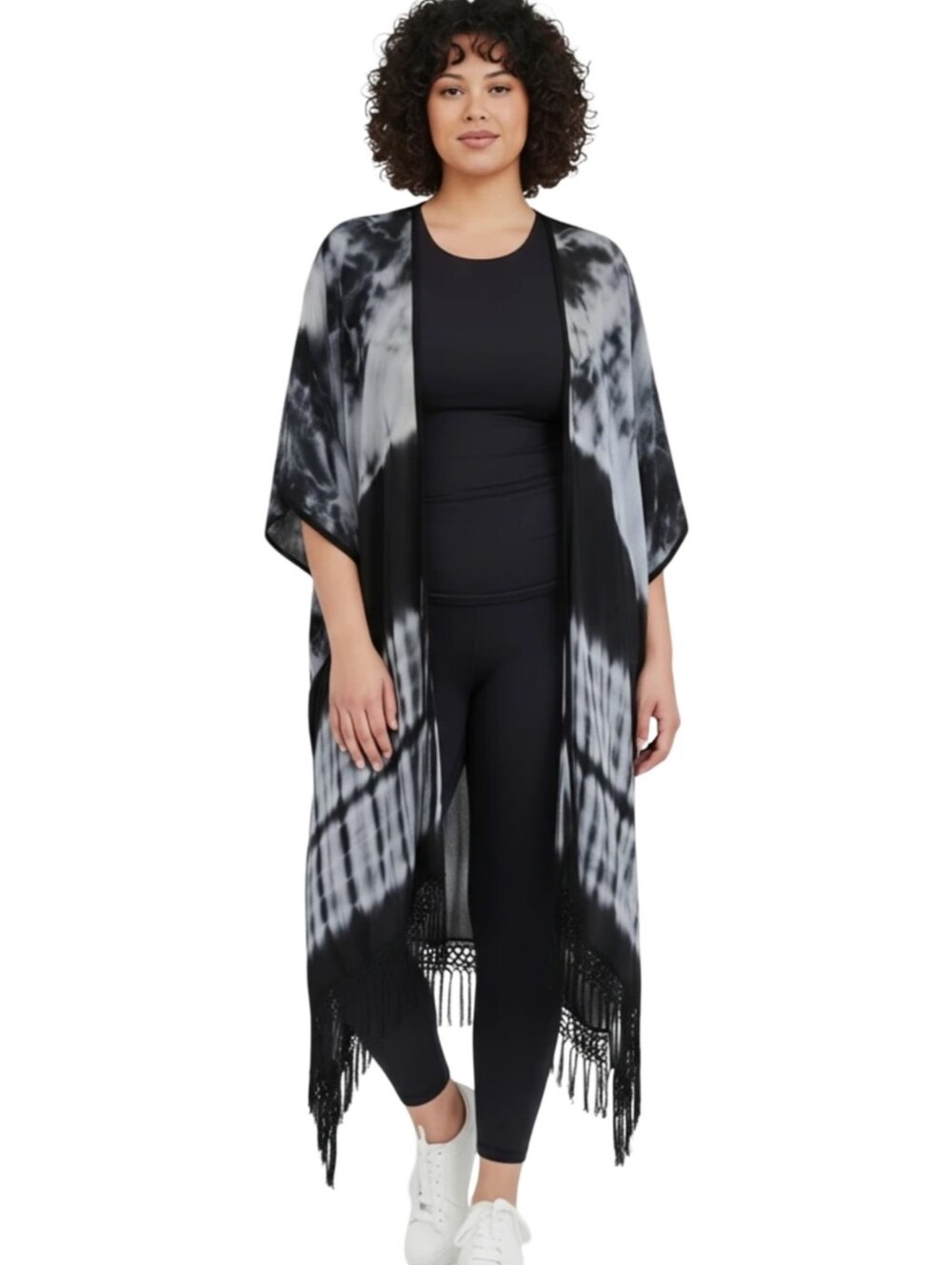 Woven Heart Black and White Tie Dye Crochet Lace Fringe Kimono Duster Plus Sz 3X